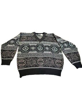 Vintage Impact Multicolor Sweater Leather Trim Men's XL Cosby 80/90s Grandpa Dad